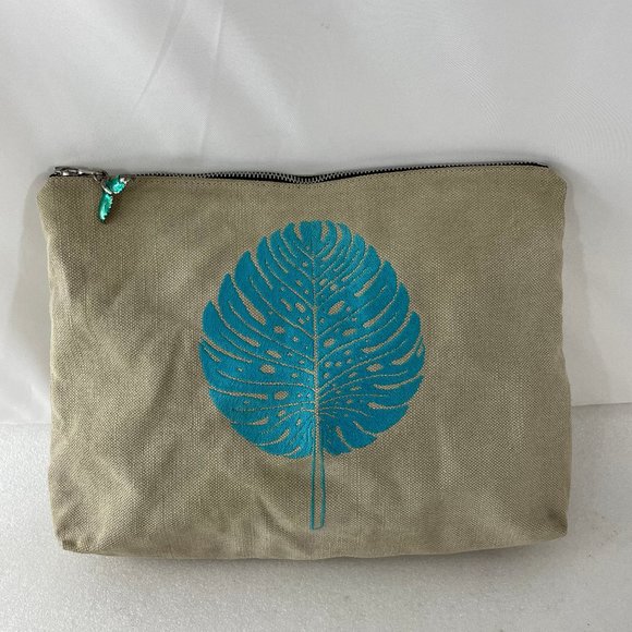 Jerome Gruet Beige Canvas Embroidered Leaf Pouch - Picture 1 of 11